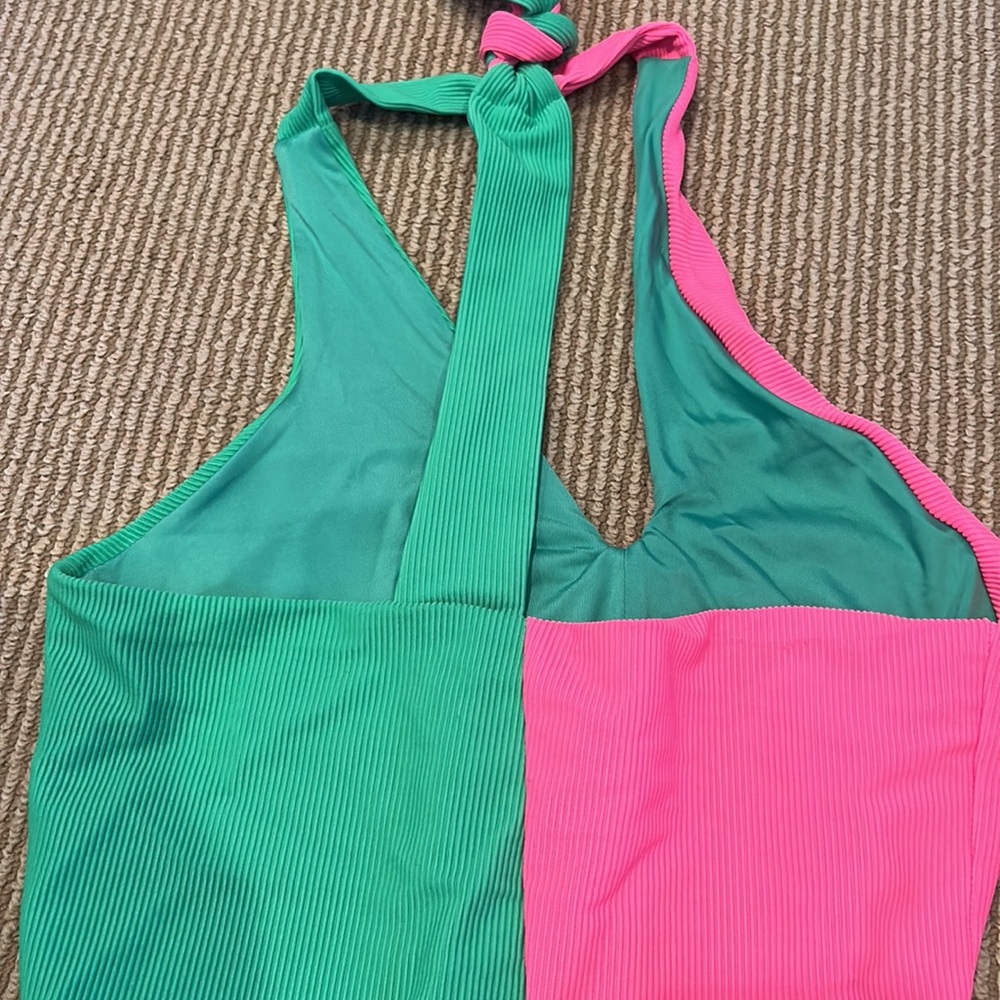 NWOT BEACHRIOT nina one piece colorblock one shoulder Pink and Green swimsuit - Picture 7 of 9